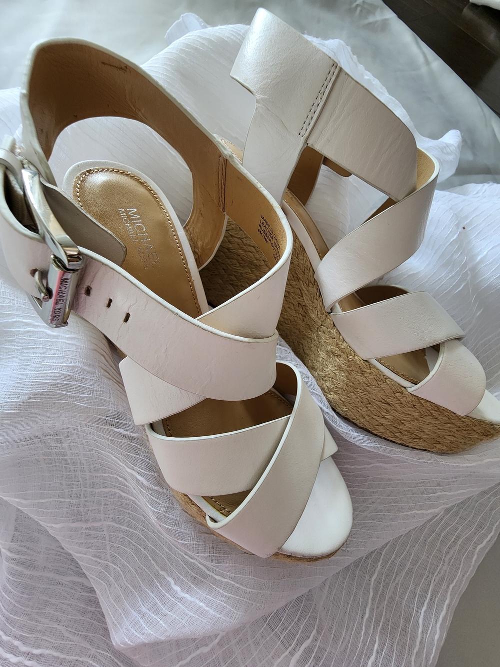 MICHAEL Michael Kors Kady Cream Leather Wedge Sandals - Size 6